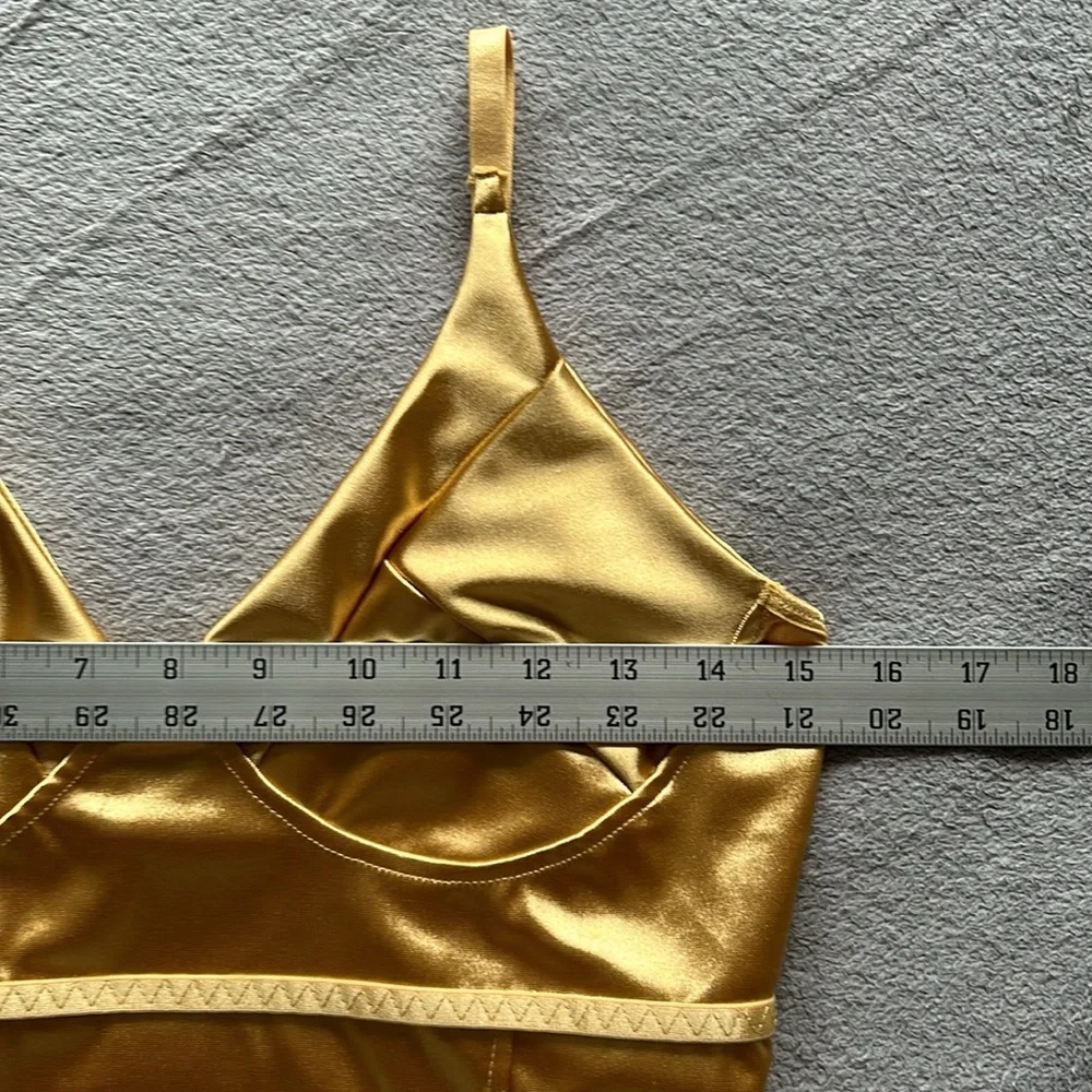 Womens Gold Satin Wireless Leotard Bodysuit w/ Adjustable Straps - Size L - Picture 9 of 11